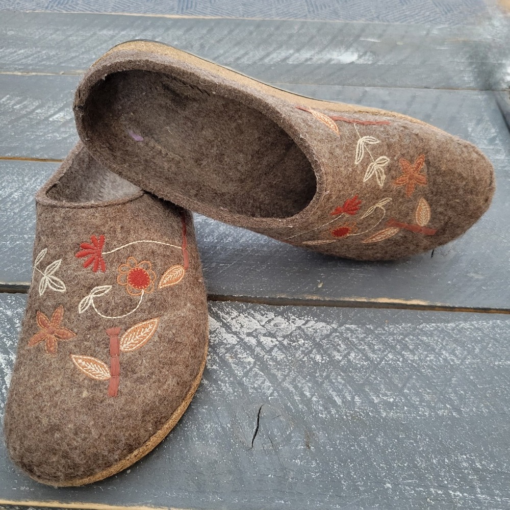 Haflinger Grizzly Wool Clog Slippers EUR 39 Women US 8.5 Brown Floral *See Note*